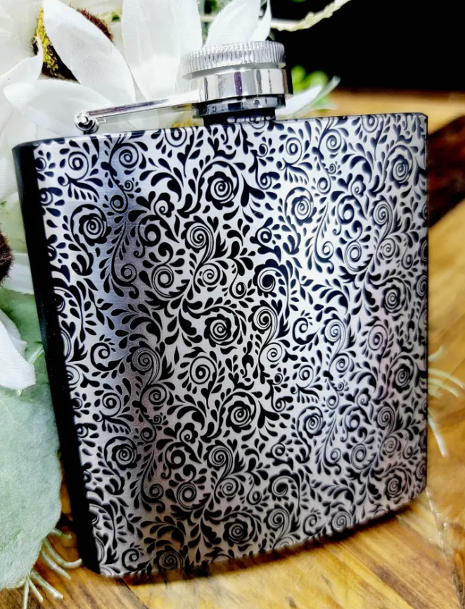 Paisley Design Engraved Black Flask