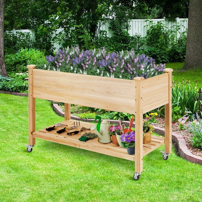 Wood Elevated Planter Bed with Lockable Wheels, Shelf and Liner