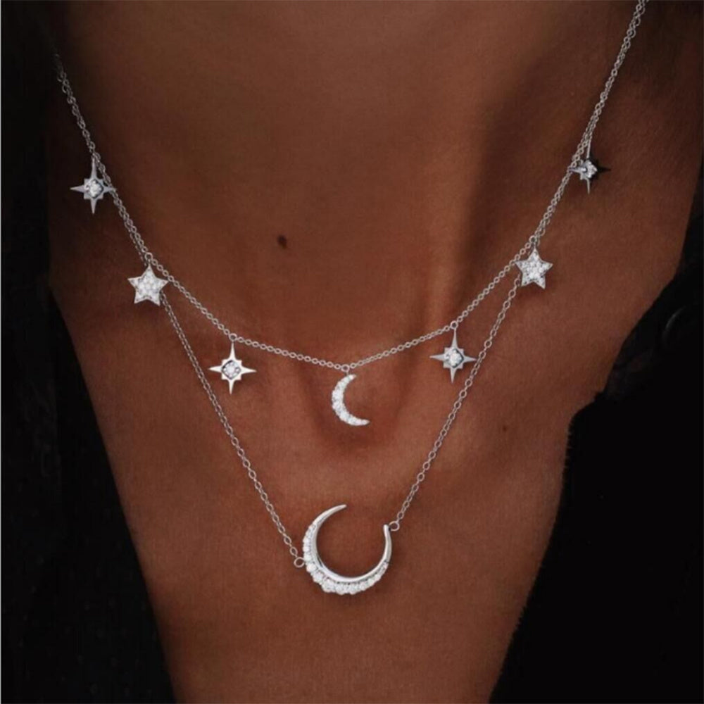 Vintage Crystal Pendant Necklace For Women Bohemian Multilayer Star Moon Crystal Layered Collar Necklace Jewelry Party Gift