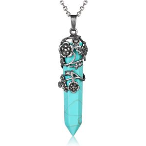 1pc Hexagonal Healing Synthetic Crystal Necklace Natural Prism Stone Pendant Flower Wrapped Pointed Quartz Yoga Energy With Chain