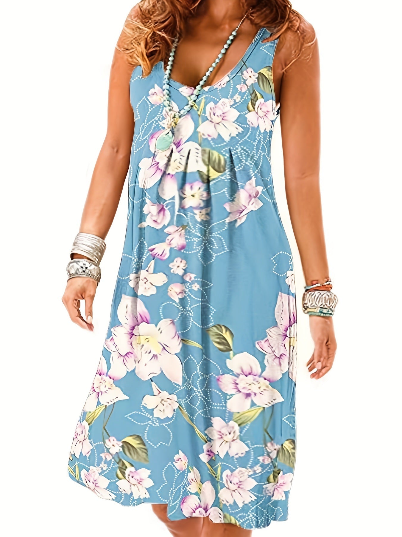 Plus Size Casual Dress; Women's Plus Tile Print V Neck Slight Stretch Tank Maxi Dress