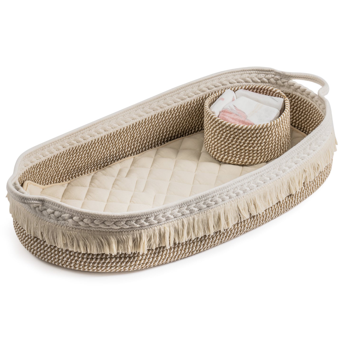 Baby Changing Basket; Handmade Woven Cotton Rope Moses Basket with Fringe