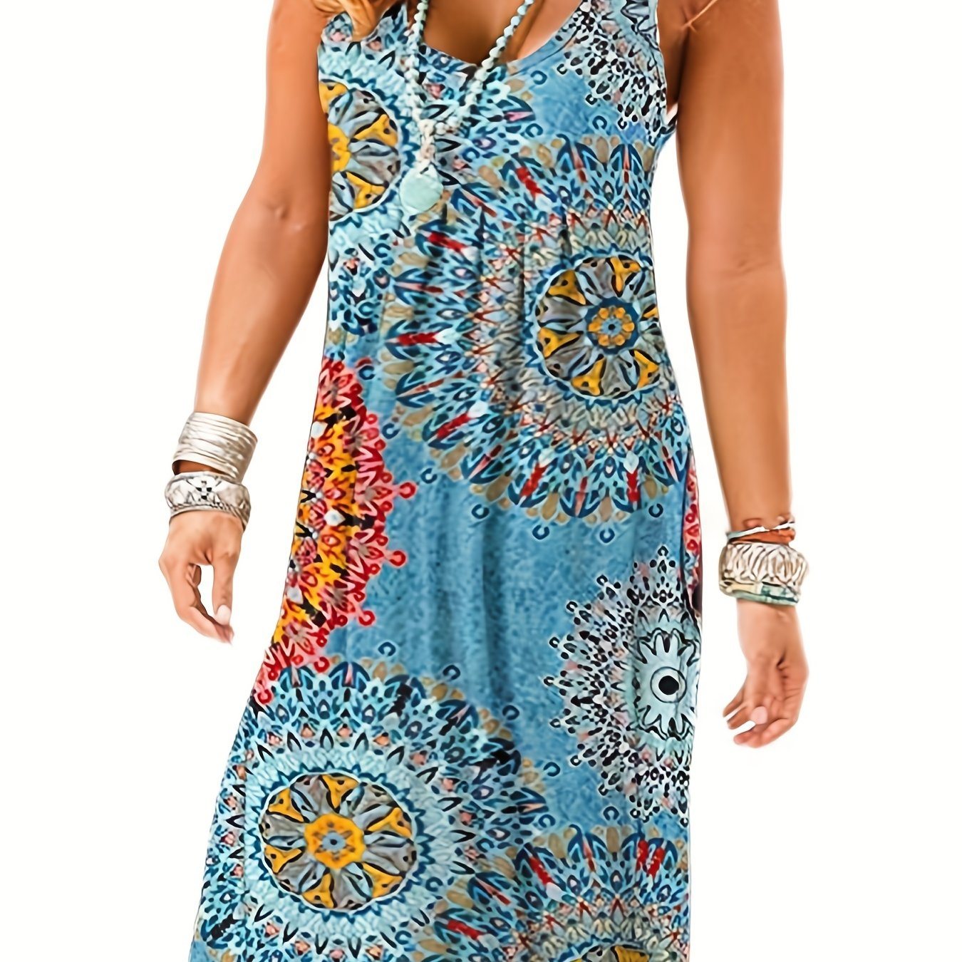 Plus Size Casual Dress; Women's Plus Tile Print V Neck Slight Stretch Tank Maxi Dress