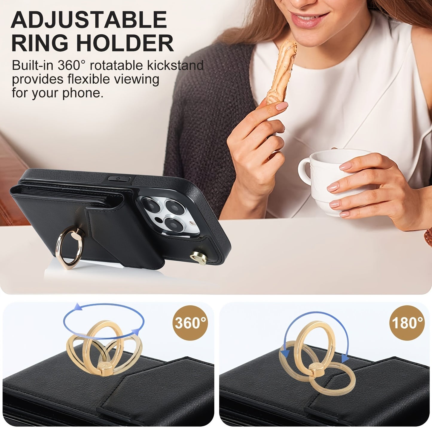 Leather Case With Card Holder; 360° Rotation Ring Stand Protective Case Compatible With IPhone 14 IPhone 14 Pro