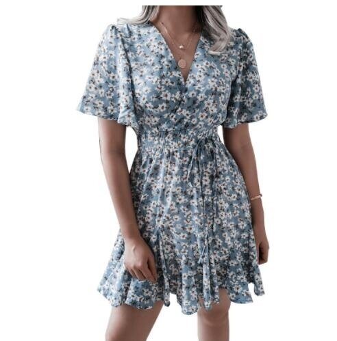 Floral Print Short Sleeve Flowy V Neck Boho Dresses