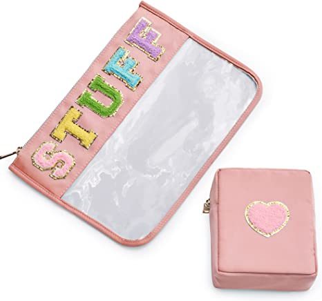 Chenille Letter Clear Bag Purse Multi-purpose Transparent Waterproof Stuff Makeup Tote Bag;  2 Pack Stuff Pouch Varsity Letter Cosmetic Bag;  Toiletry Bag with Patches Preppy Patch Makeup Bag