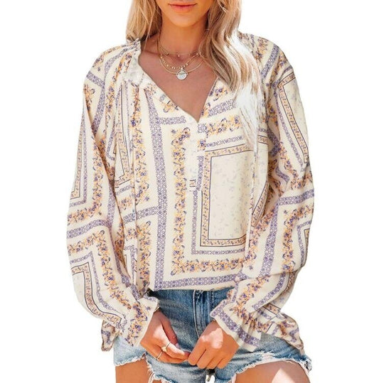 Boho Floral Print V Neck Long Sleeve Blouse