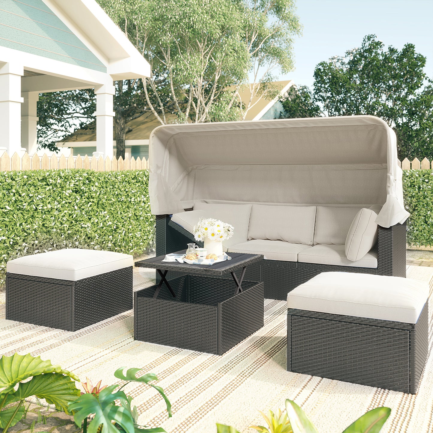 Outdoor Patio Rectangle Daybed with Retractable Canopy;  Wicker Furniture Sectional Seating with Washable Cushions;  Backyard;  Porch