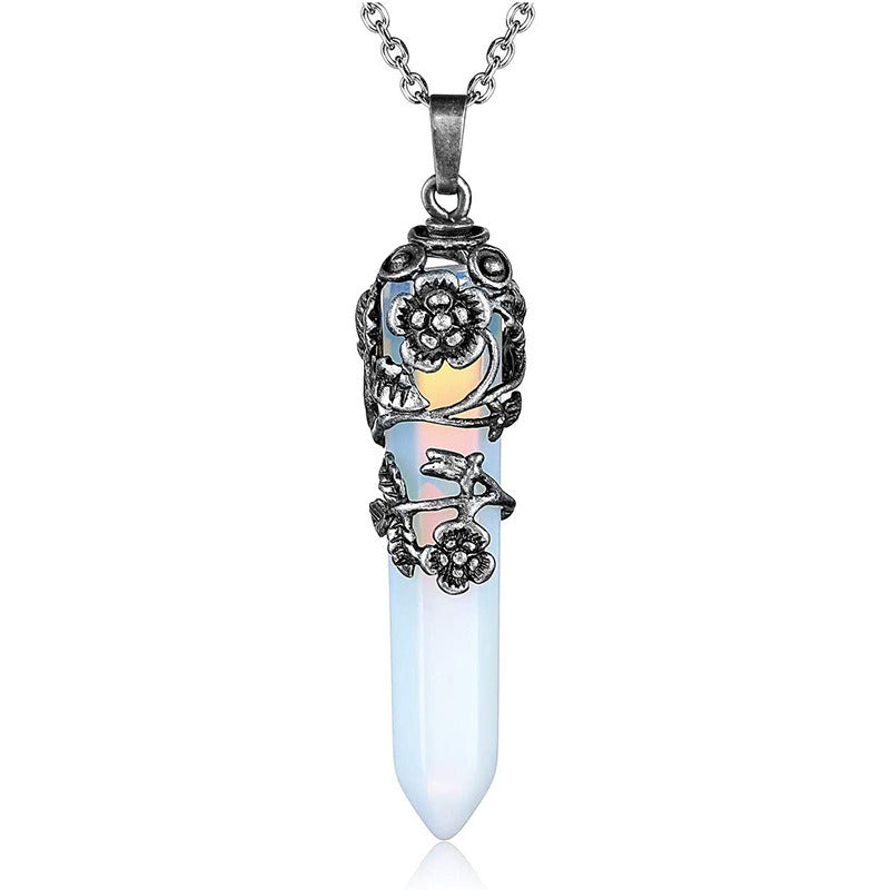 1pc Hexagonal Healing Synthetic Crystal Necklace Natural Prism Stone Pendant Flower Wrapped Pointed Quartz Yoga Energy With Chain