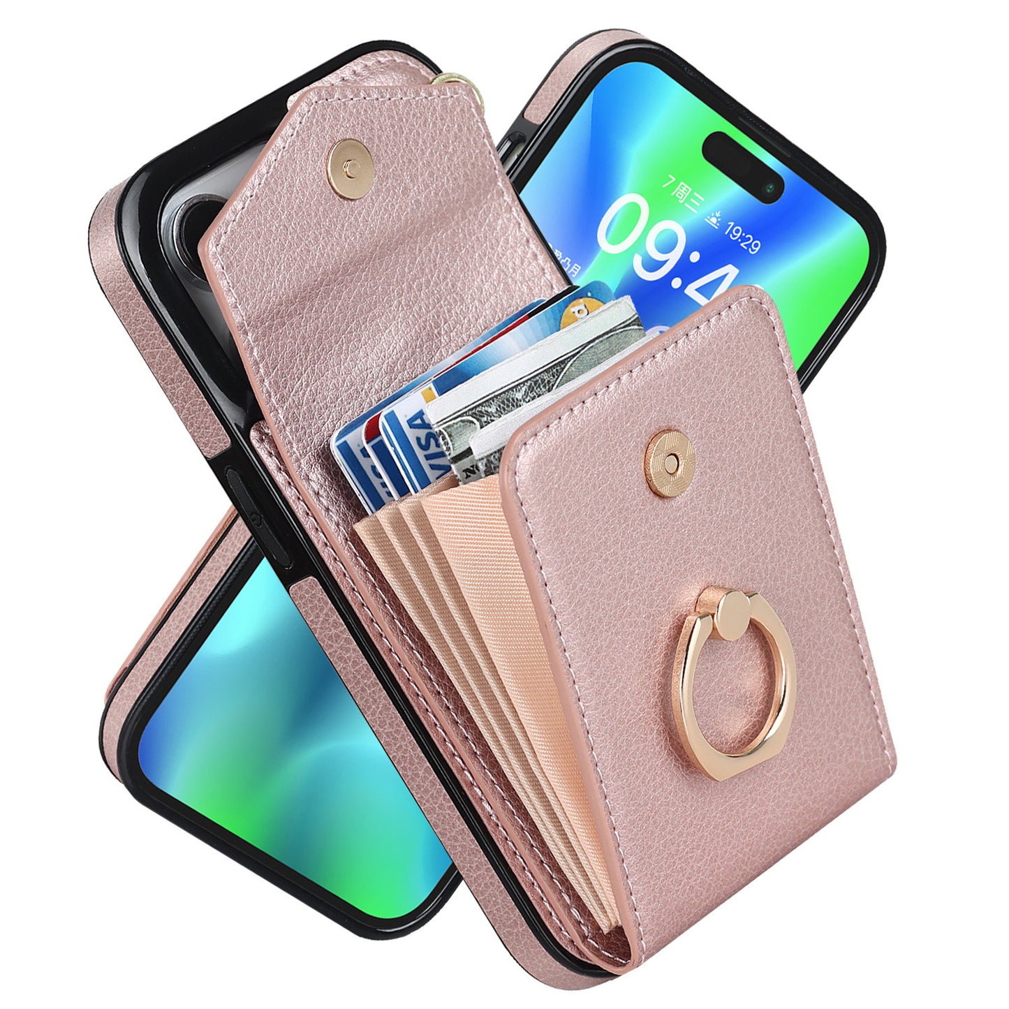 Leather Case With Card Holder; 360° Rotation Ring Stand Protective Case Compatible With IPhone 14 IPhone 14 Pro