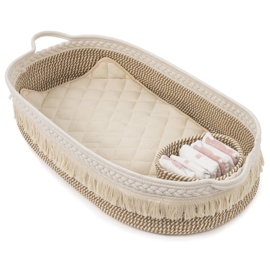 Baby Changing Basket; Handmade Woven Cotton Rope Moses Basket with Fringe