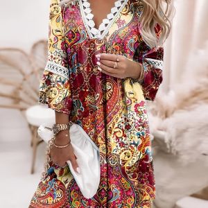 Boho Floral Print Half Sleeve Dress