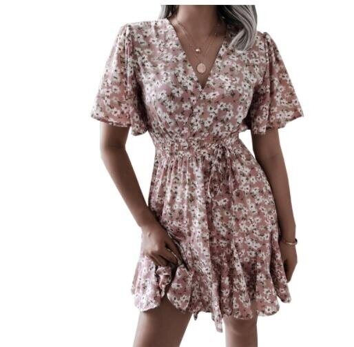 Floral Print Short Sleeve Flowy V Neck Boho Dresses