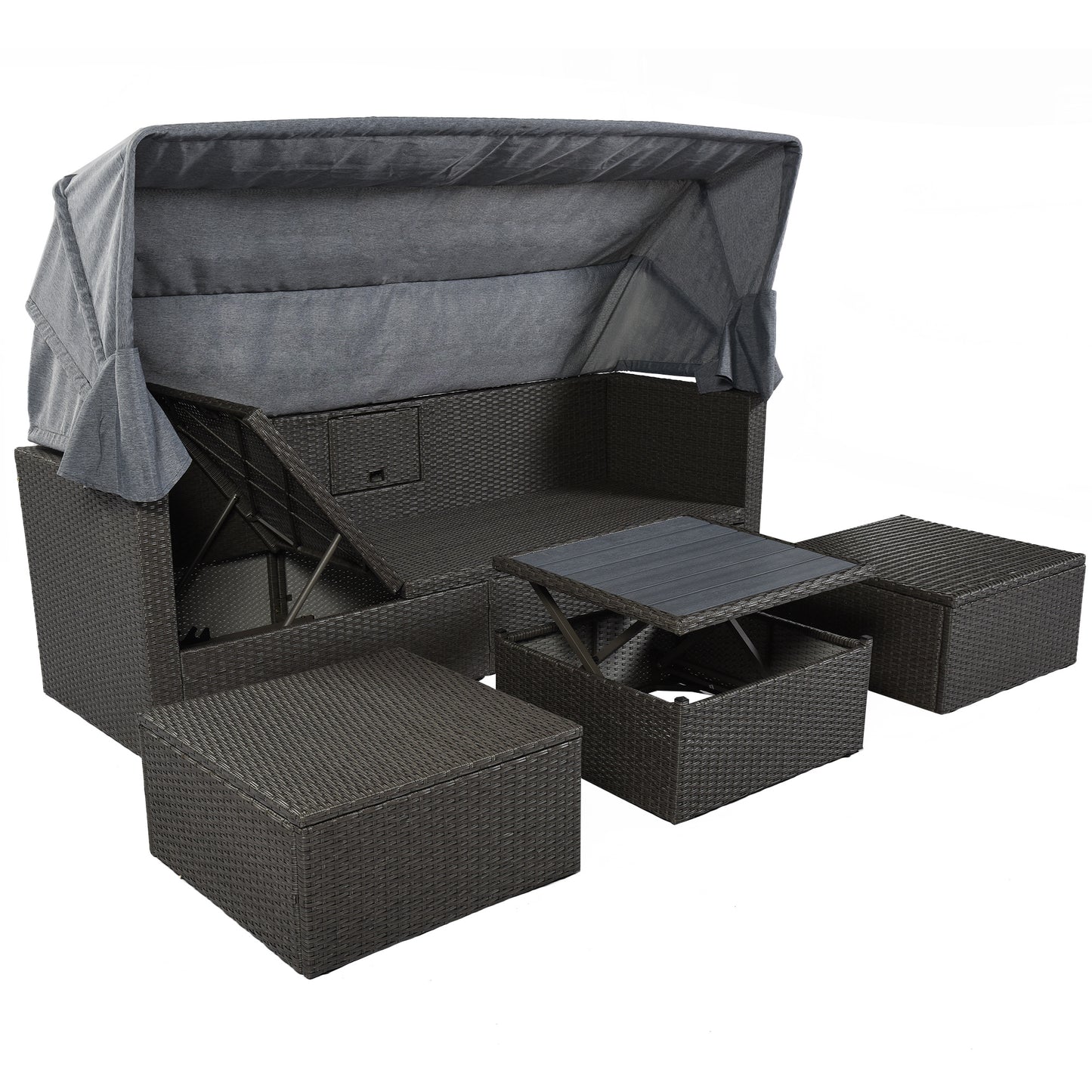 Outdoor Patio Rectangle Daybed with Retractable Canopy;  Wicker Furniture Sectional Seating with Washable Cushions;  Backyard;  Porch