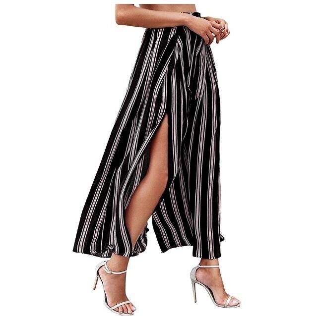 Women's Boho High Waist Split Stripe Wide Leg Pants