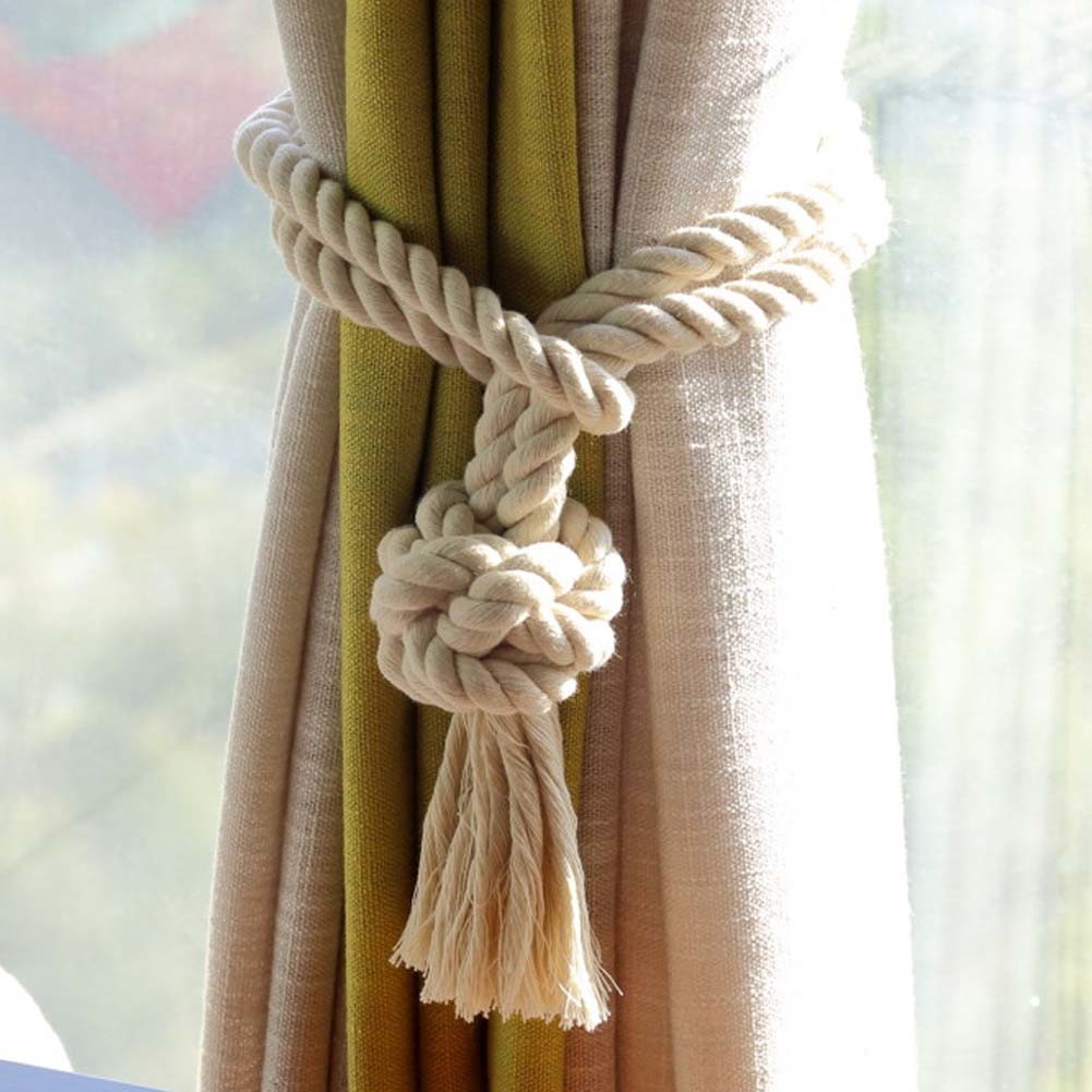 2Pcs Beige Handmade Cotton Rope Curtain Holder Tie Backs Drapes Ball Tiebacks Holdbacks Tassel Home Decor