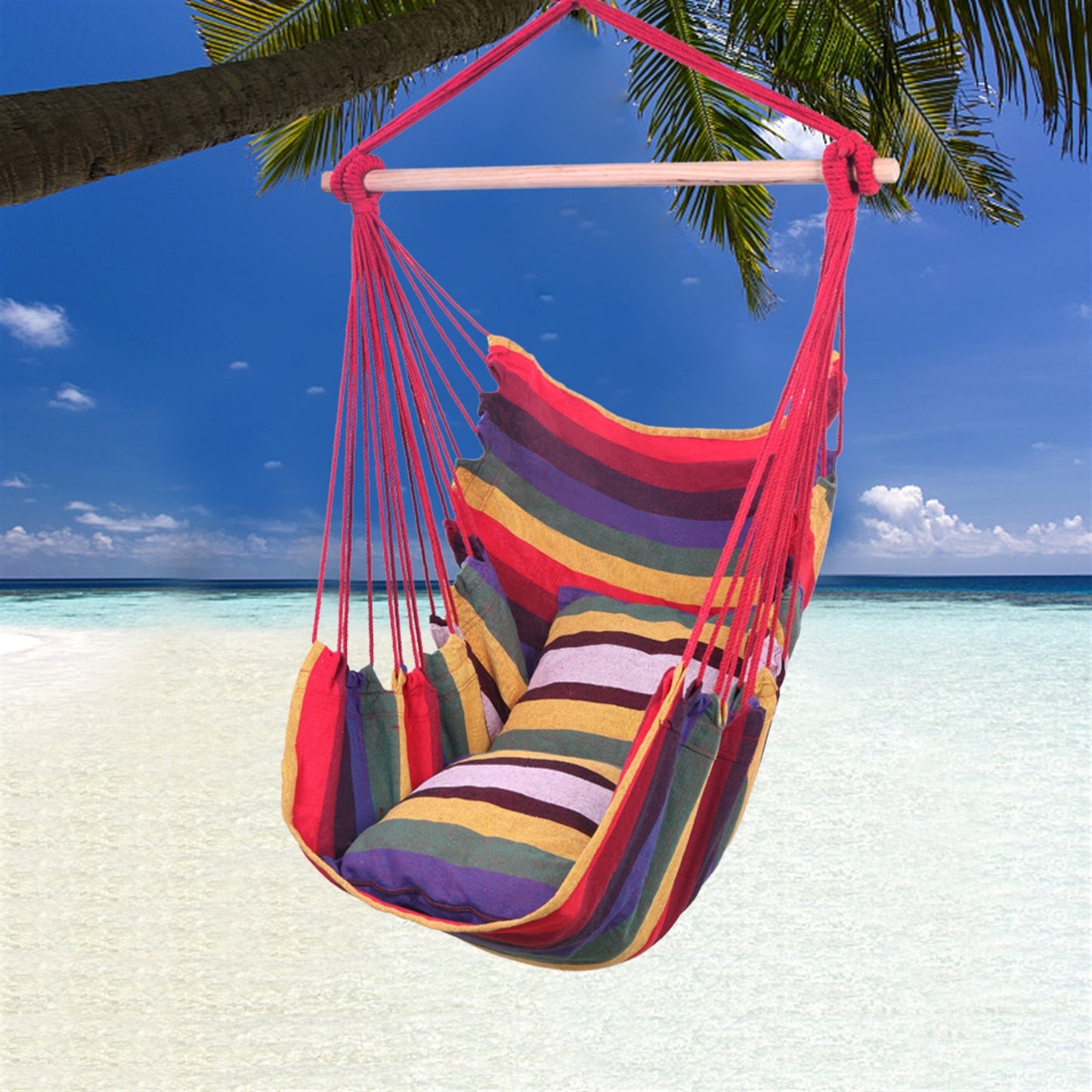 Distinctive Cotton Canvas Hanging Rope Chair with Pillows - 2 Color Combos