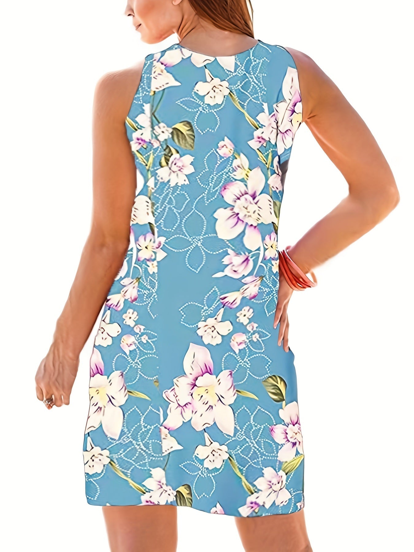 Plus Size Casual Dress; Women's Plus Tile Print V Neck Slight Stretch Tank Maxi Dress