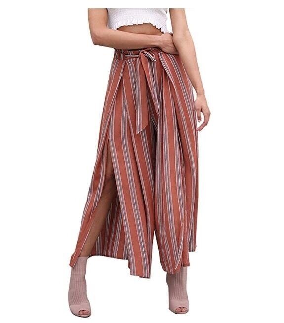 Women's Boho High Waist Split Stripe Wide Leg Pants