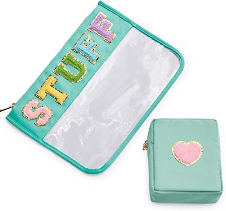 Chenille Letter Clear Bag Purse Multi-purpose Transparent Waterproof Stuff Makeup Tote Bag;  2 Pack Stuff Pouch Varsity Letter Cosmetic Bag;  Toiletry Bag with Patches Preppy Patch Makeup Bag
