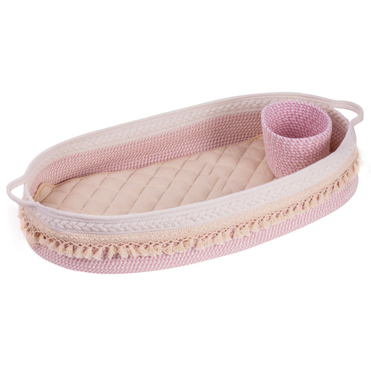 Handmade Woven Cotton Rope Moses Basket with Pad (Beige&Pink)