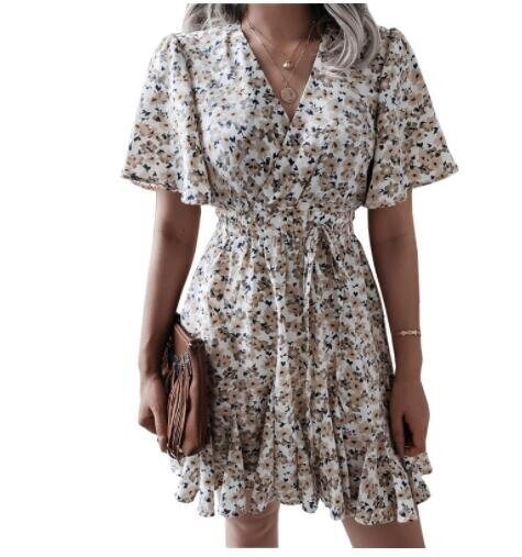 Floral Print Short Sleeve Flowy V Neck Boho Dresses