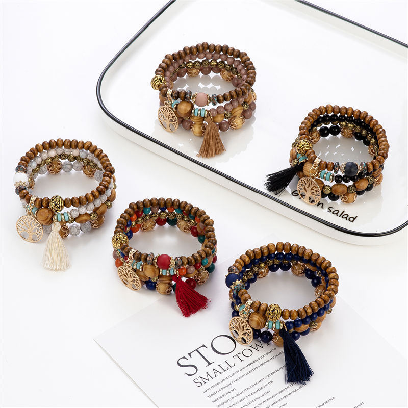4pcs Tree & Tassel Charm Beaded Bracelet Handmade