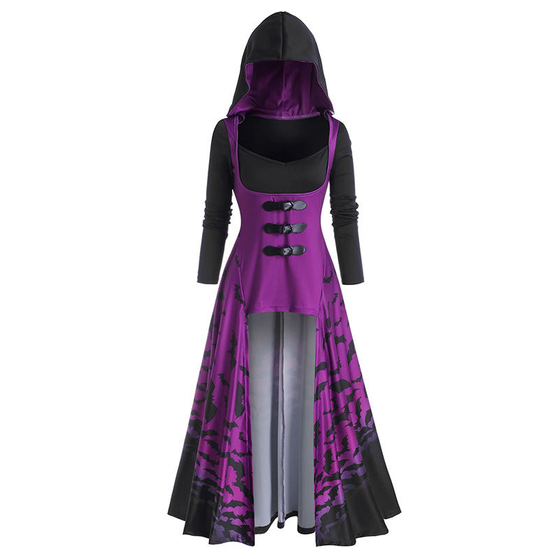 new women's mid-length cloak dress printed bat leather button dress