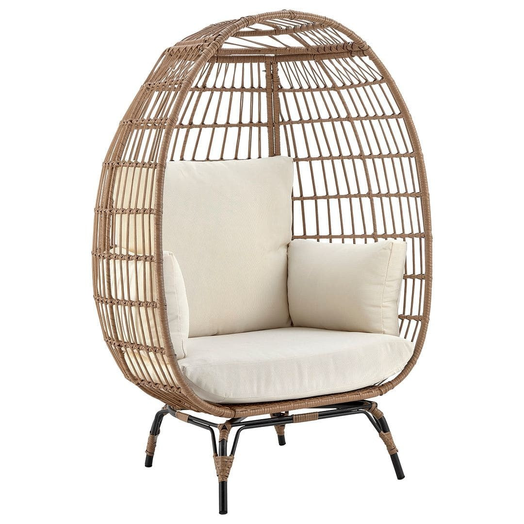 Manhattan Comfort Spezia Freestanding Steel and Rattan Outdoor Egg Chair with Cushions in Cream