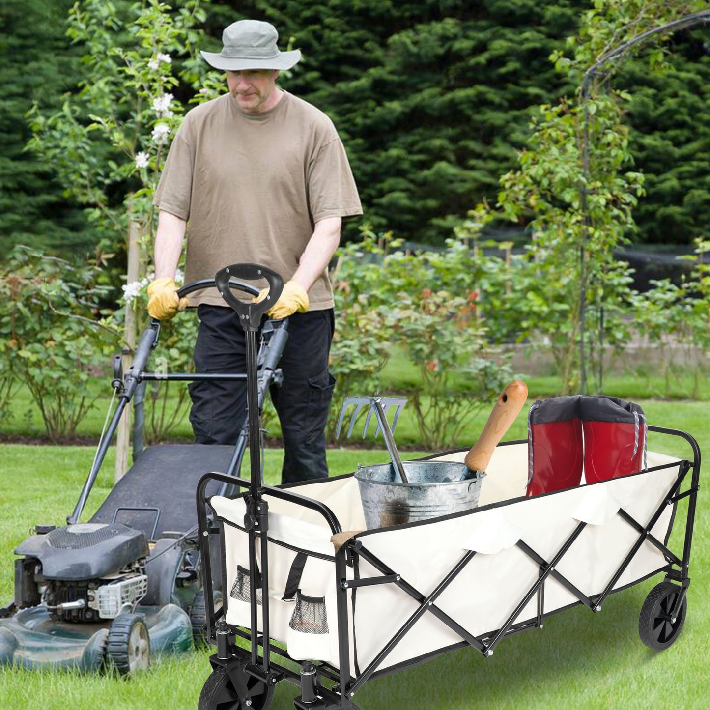 Extended Folding Utility Wagon; 330LBS Heavy Loaded Collapsible Garden Cart  X-Large